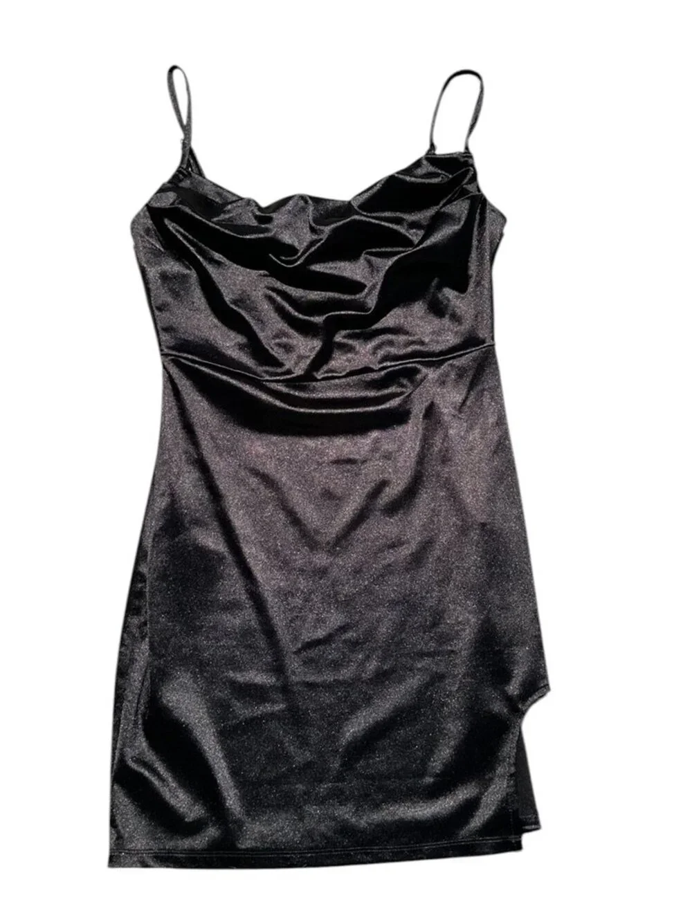 Forever 21 Black Satin Mini Dress Cowl Neck Slip Adjustable Strap Party Medium M